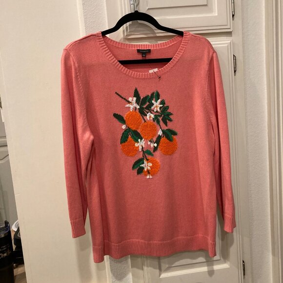 NWT Talbots Pink Sweater Bold Oranges Crewneck Pullover Sz Large Peach Stawberry - Picture 2 of 6